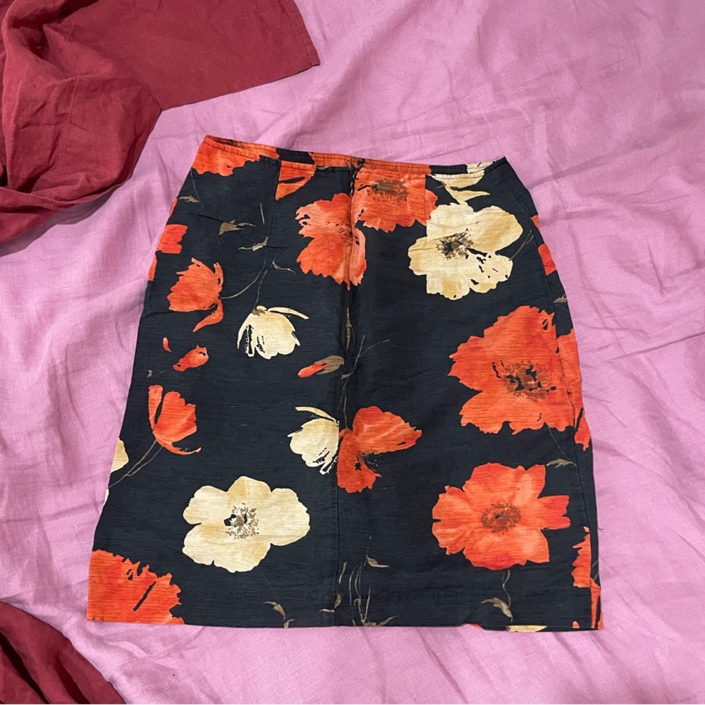 Silk Poppies Skirt, 100% silk Black Red Orange Cream Floral Print raw silk Skirt